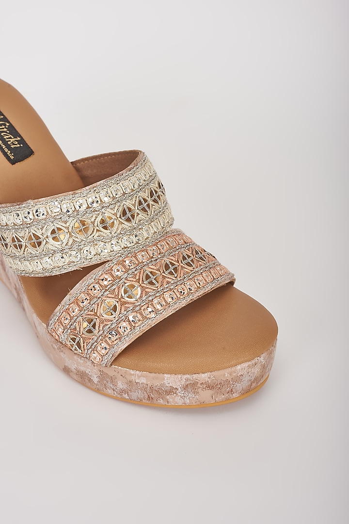 Peach & Off-White Vegan Leather Embroidered Wedges by Miraki at Pernia's Pop Up Shop