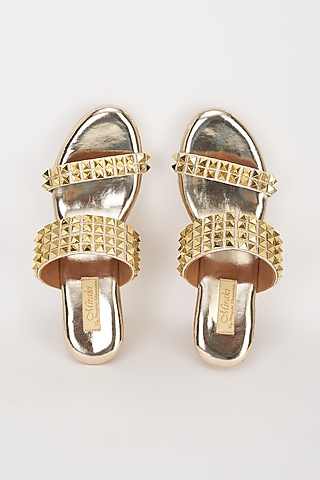 Gold Vegan Leather Embellished Slip-On Wedges by Miraki