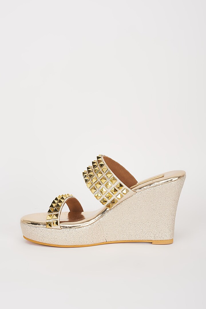 Gold Vegan Leather Embellished Slip-On Wedges by Miraki at Pernia's Pop Up Shop