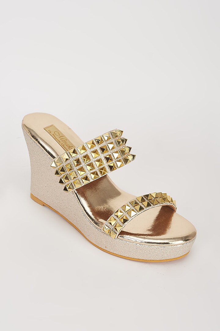 Gold Vegan Leather Embellished Slip-On Wedges by Miraki at Pernia's Pop Up Shop