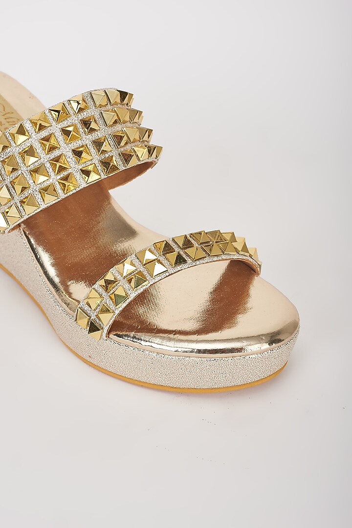 Gold Vegan Leather Embellished Slip-On Wedges by Miraki at Pernia's Pop Up Shop