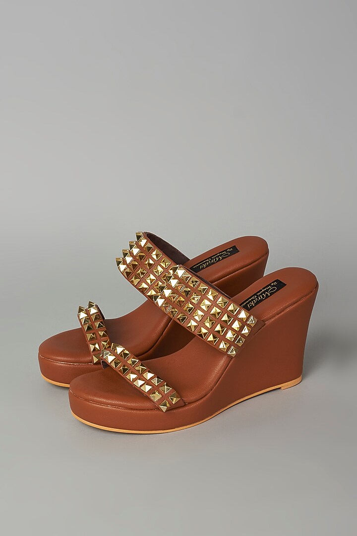 Tan Embellished Wedges by Miraki at Pernia's Pop Up Shop