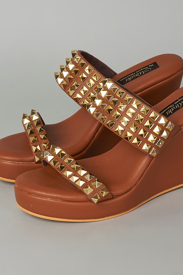 Tan Embellished Wedges by Miraki at Pernia's Pop Up Shop