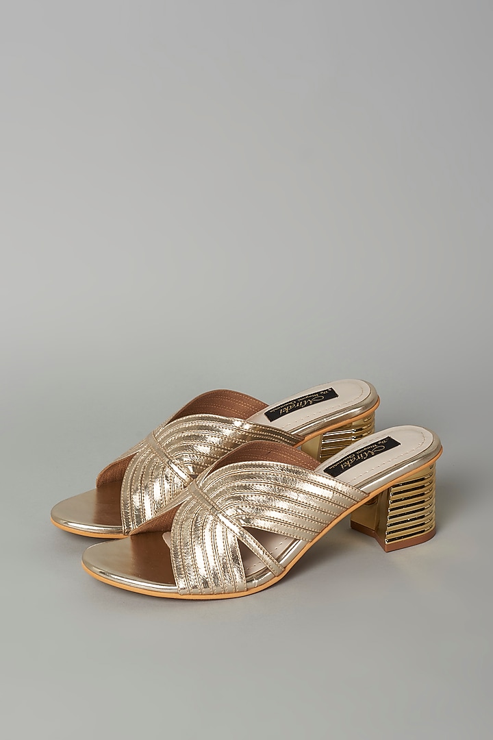 Gold Vegan Leather Slip-On Sandals by Miraki at Pernia's Pop Up Shop