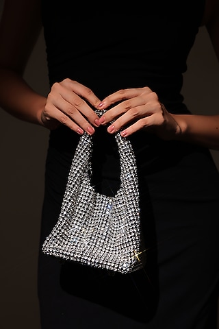 Silver Apple Leather Rhinestone Work Handmade Mini Bag by MIR KASH