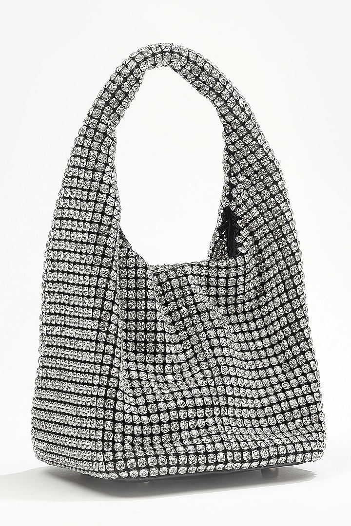 Silver Apple Leather Rhinestone Work Handmade Mini Bag by MIR KASH