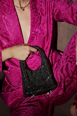 Black Apple Leather Rhinestone Work Handmade Mini Bag by MIR KASH