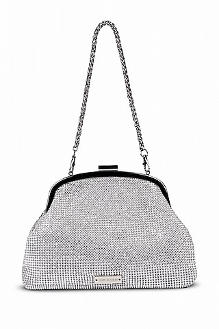 Silver Ultra-Fibre Leather Crystal Embellished Clutch by MIR KASH