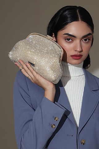 Gold Ultra-Fibre Leather Crystal Embellished Clutch by MIR KASH