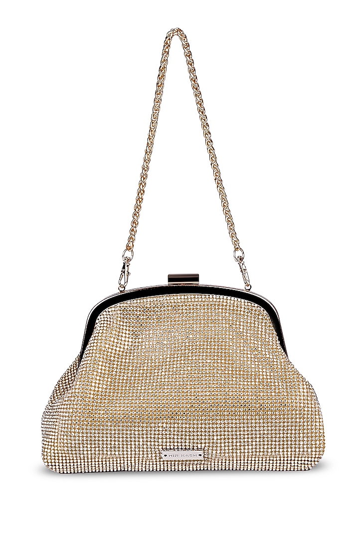 Gold Ultra-Fibre Leather Crystal Embellished Clutch by MIR KASH at Pernia's Pop Up Shop