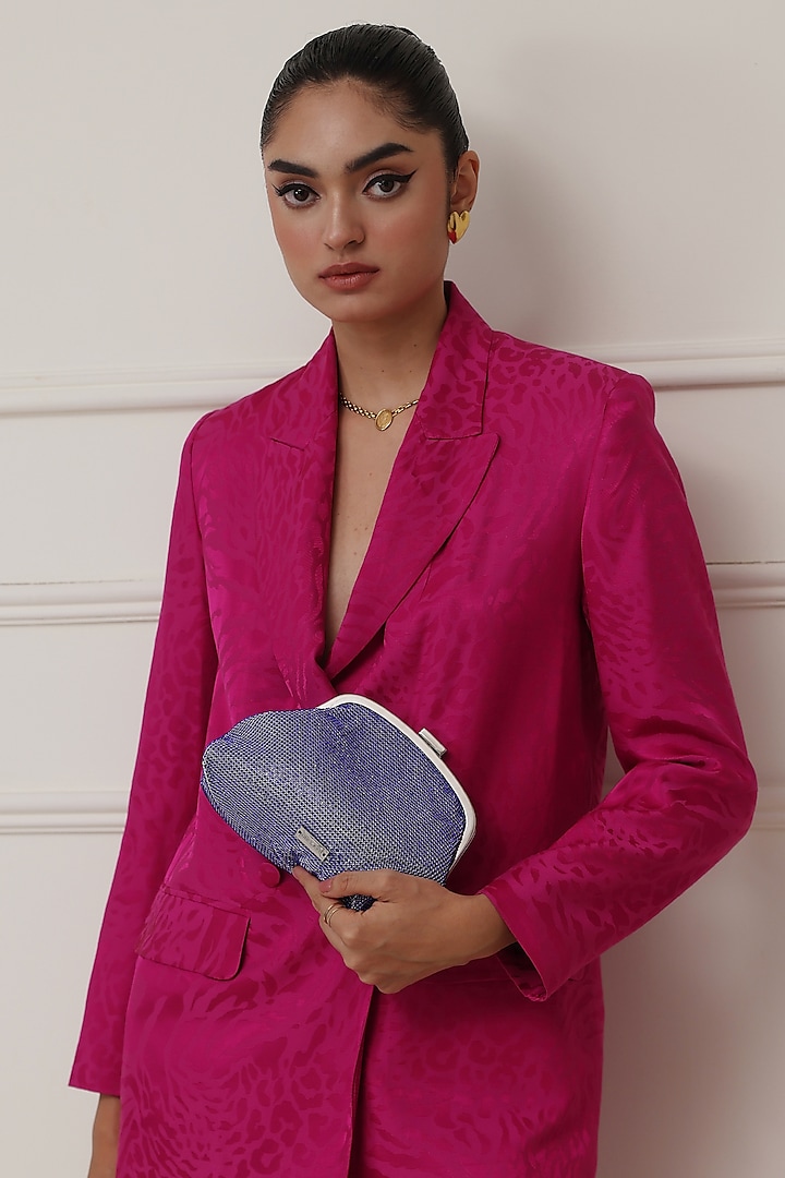 Blue Ultra-Fibre Leather Crystal Embellished Clutch by MIR KASH at Pernia's Pop Up Shop