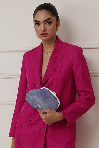 Blue Ultra-Fibre Leather Crystal Embellished Clutch by MIR KASH