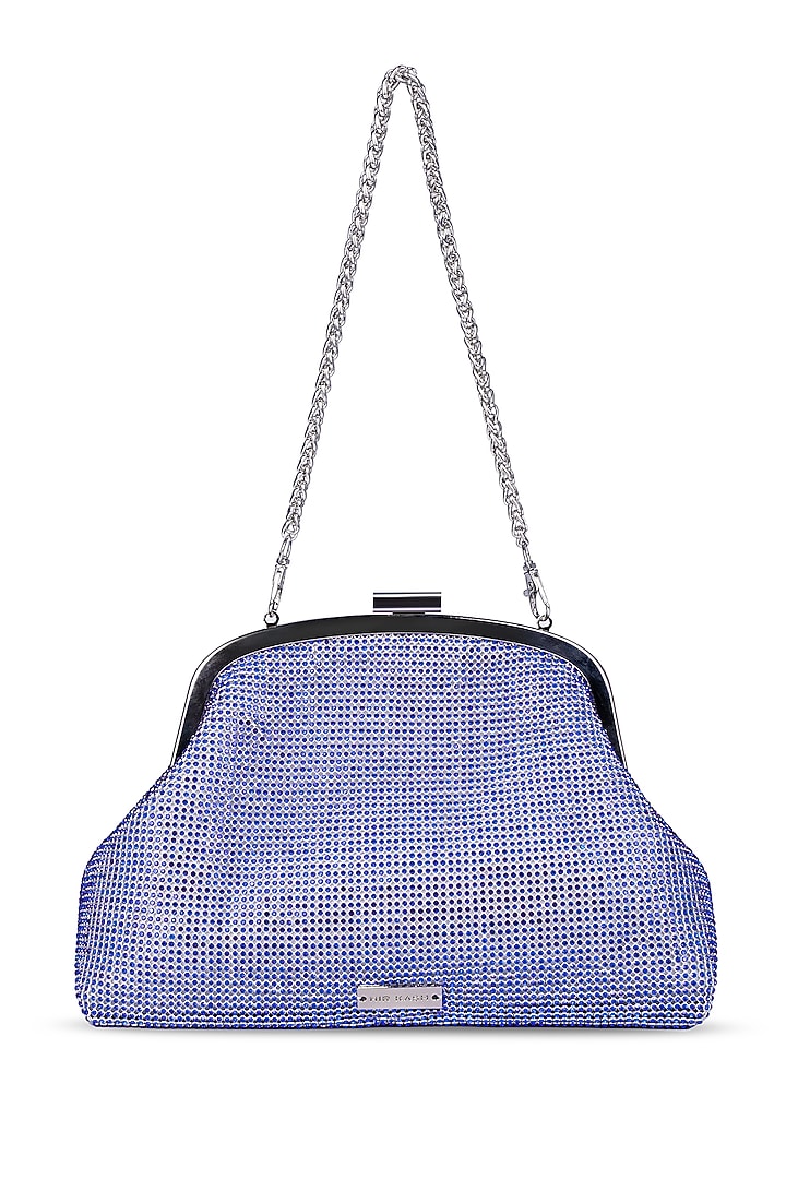 Blue Ultra-Fibre Leather Crystal Embellished Clutch by MIR KASH at Pernia's Pop Up Shop