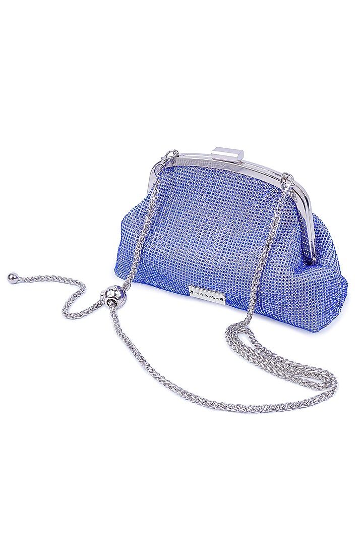 Blue Ultra-Fibre Leather Crystal Embellished Clutch by MIR KASH at Pernia's Pop Up Shop