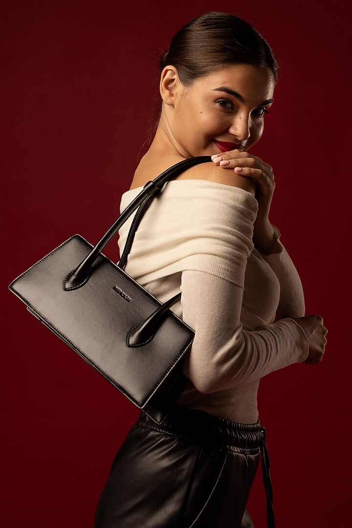 Black Ultra Fibre Leather Trapezoid Shoulder Bag by MIR KASH at Pernia's Pop Up Shop