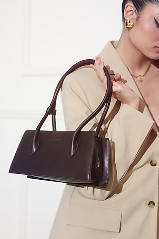 Brown Ultra Fibre Leather Trapezoid Shoulder Bag by MIR KASH
