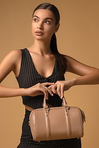 Beige Vegan Leather Crossbody Duffel Bag by MIR KASH
