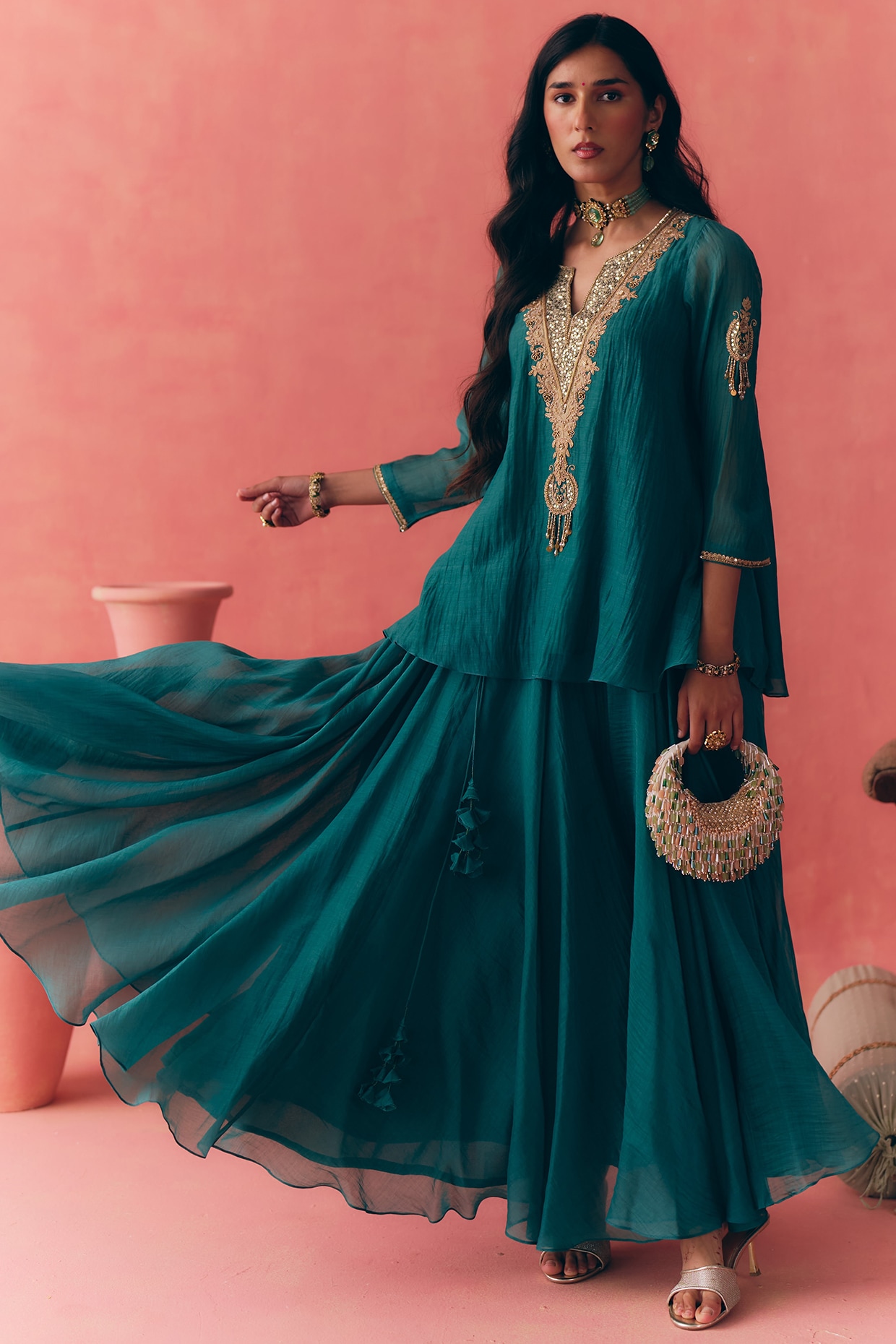 MIRASA Teal Green Banarasi Silk Tissue Patchwork & Zari Embroidered Lehenga Set