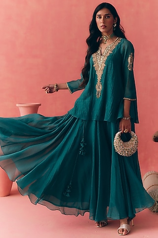 Teal Green Banarasi Silk Tissue Patchwork & Zari Embroidered Lehenga Set by MIRASA