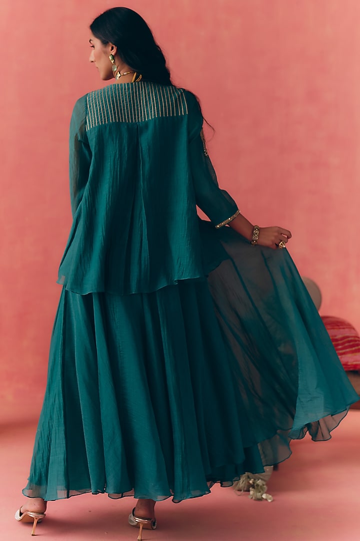 Teal Green Banarasi Silk Tissue Patchwork & Zari Embroidered Lehenga Set by MIRASA at Pernia's Pop Up Shop