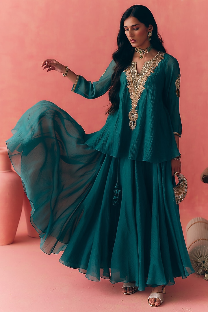 Teal Green Banarasi Silk Tissue Patchwork & Zari Embroidered Lehenga Set by MIRASA at Pernia's Pop Up Shop