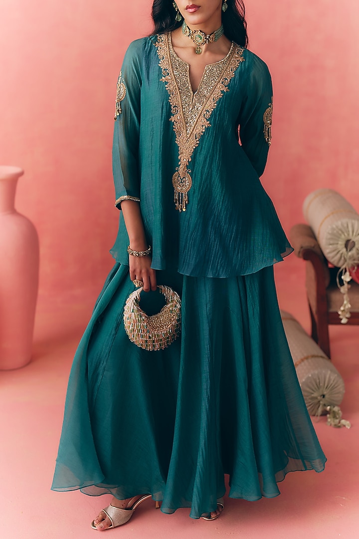 Teal Green Banarasi Silk Tissue Patchwork & Zari Embroidered Lehenga Set by MIRASA at Pernia's Pop Up Shop