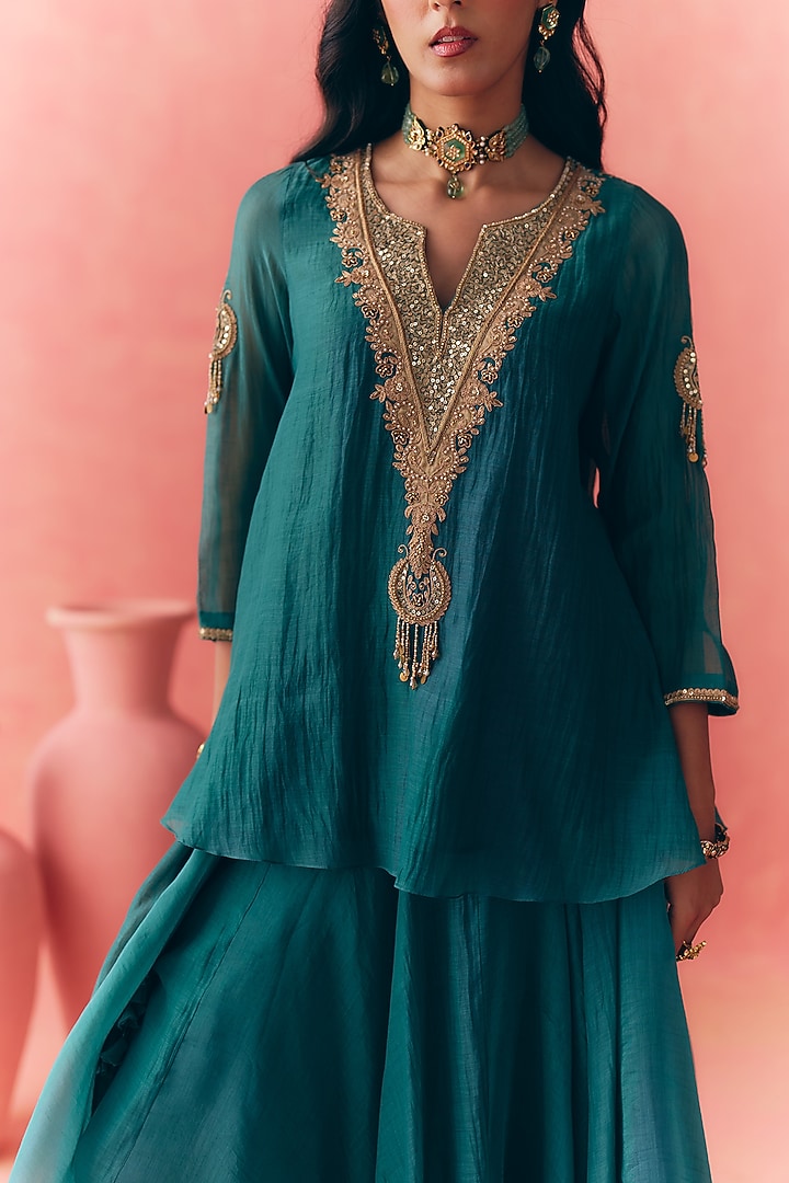 Teal Green Banarasi Silk Tissue Patchwork & Zari Embroidered Lehenga Set by MIRASA at Pernia's Pop Up Shop
