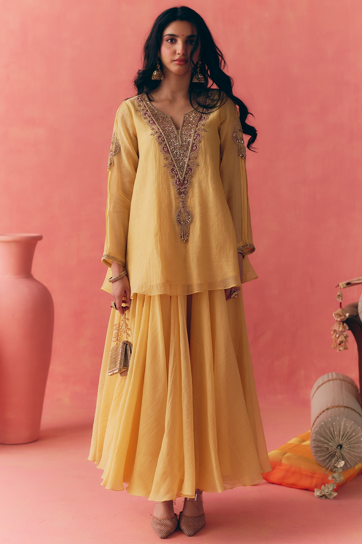 MIRASA Butter Yellow Banarasi Silk Tissue Patchwork & Zari Embroidered Lehenga Set