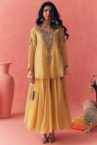Butter Yellow Banarasi Silk Tissue Patchwork & Zari Embroidered Lehenga Set by MIRASA