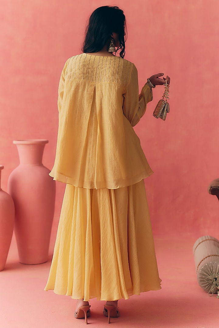 Butter Yellow Banarasi Silk Tissue Patchwork & Zari Embroidered Lehenga Set by MIRASA at Pernia's Pop Up Shop