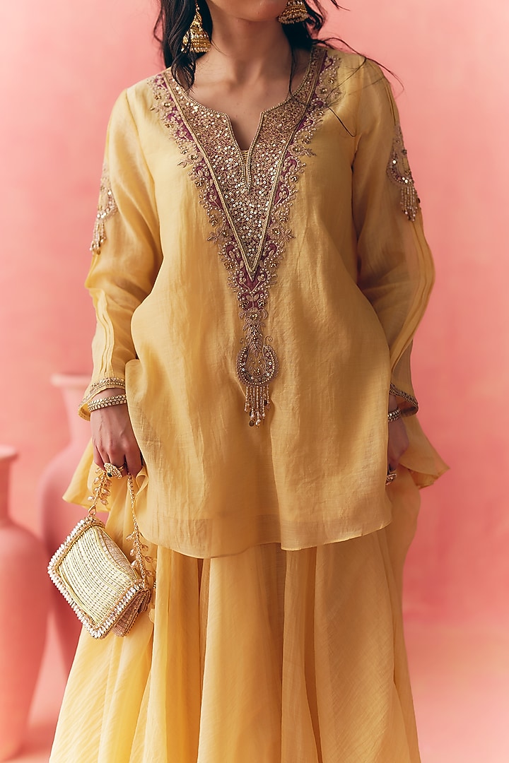 Butter Yellow Banarasi Silk Tissue Patchwork & Zari Embroidered Lehenga Set by MIRASA at Pernia's Pop Up Shop