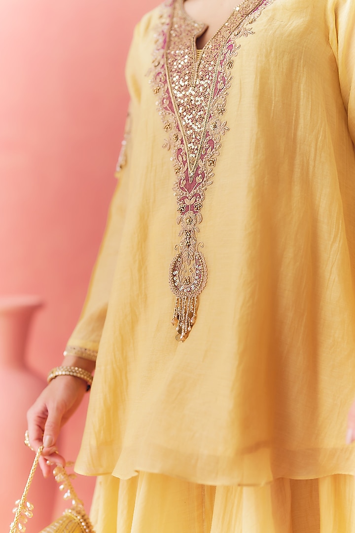 Butter Yellow Banarasi Silk Tissue Patchwork & Zari Embroidered Lehenga Set by MIRASA at Pernia's Pop Up Shop