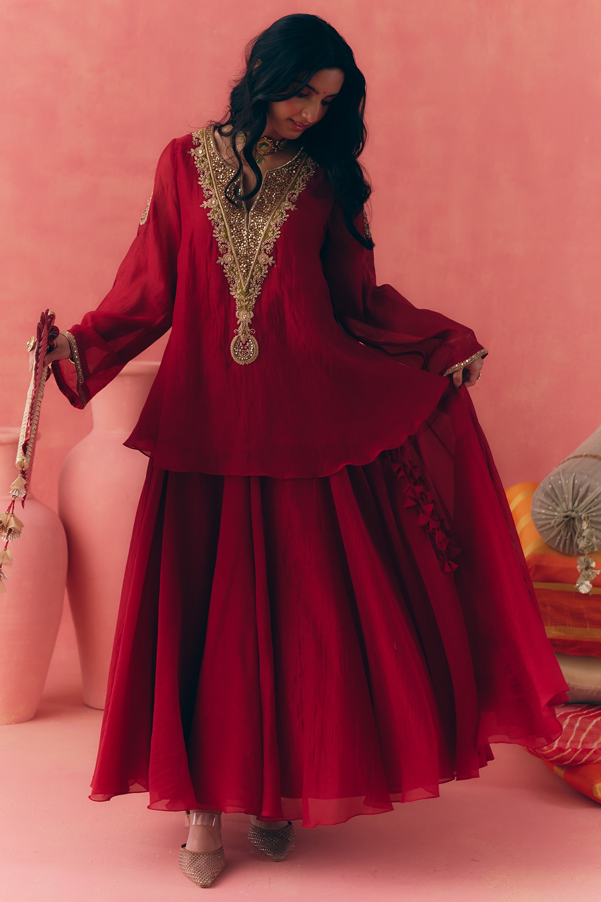 MIRASA Deep Red Banarasi Silk Tissue Patchwork & Zari Embroidered Lehenga Set