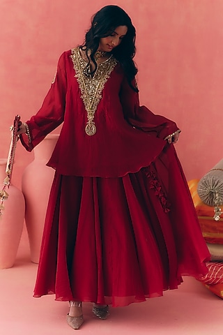 Deep Red Banarasi Silk Tissue Patchwork & Zari Embroidered Lehenga Set by MIRASA