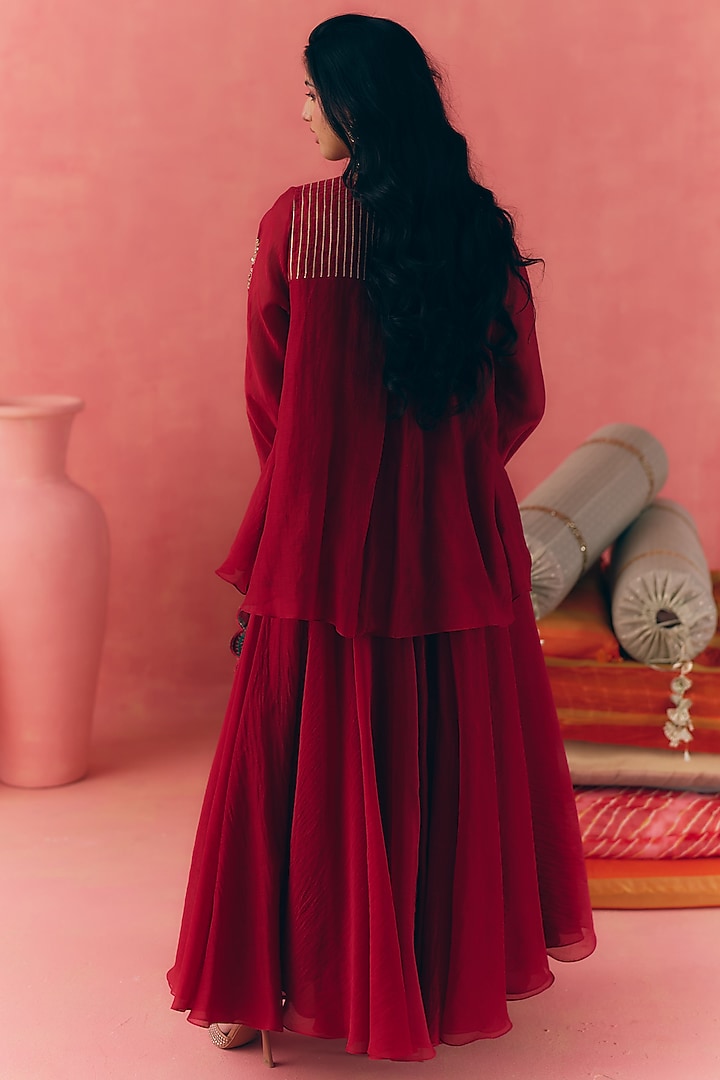 Deep Red Banarasi Silk Tissue Patchwork & Zari Embroidered Lehenga Set by MIRASA at Pernia's Pop Up Shop