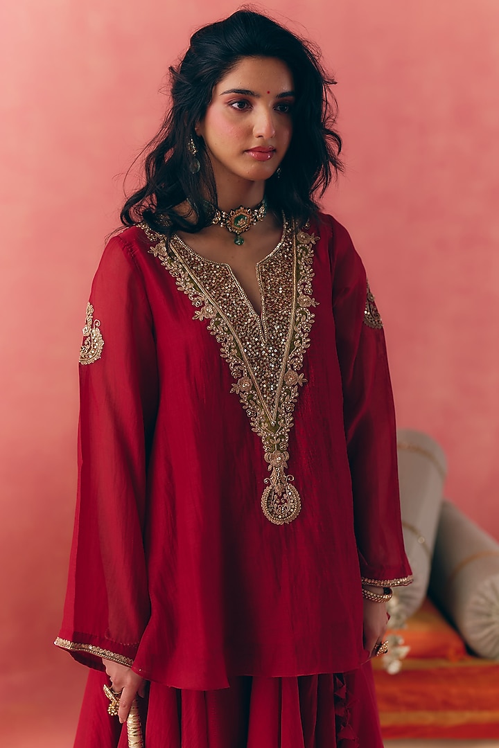 Deep Red Banarasi Silk Tissue Patchwork & Zari Embroidered Lehenga Set by MIRASA at Pernia's Pop Up Shop