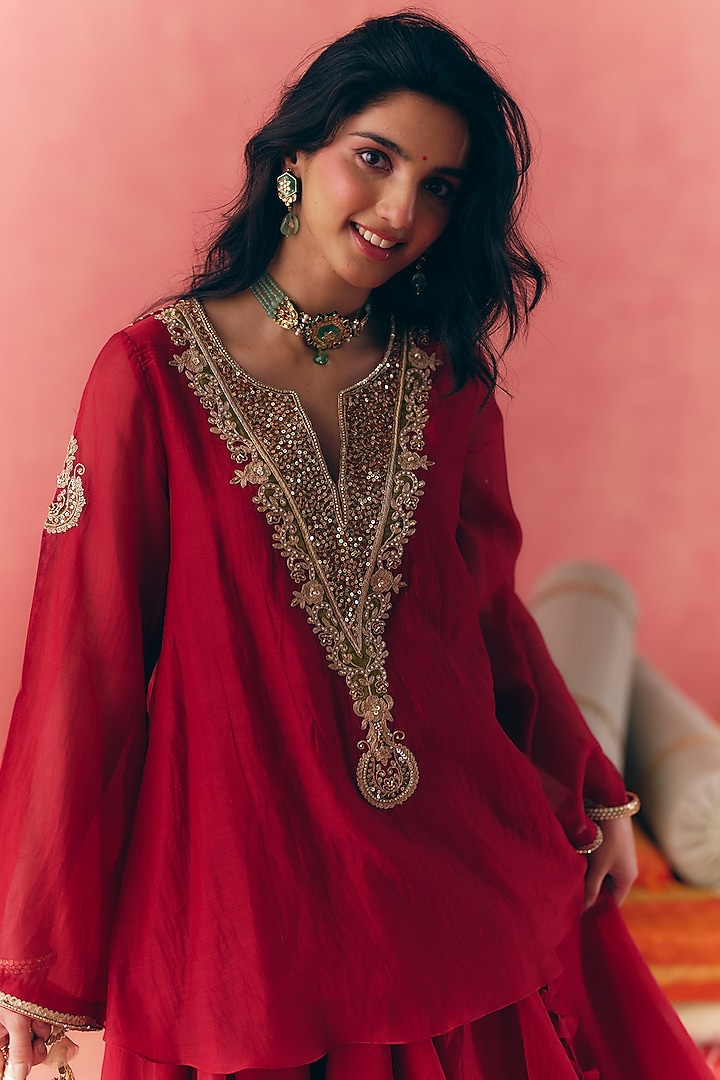 Deep Red Banarasi Silk Tissue Patchwork & Zari Embroidered Lehenga Set by MIRASA at Pernia's Pop Up Shop