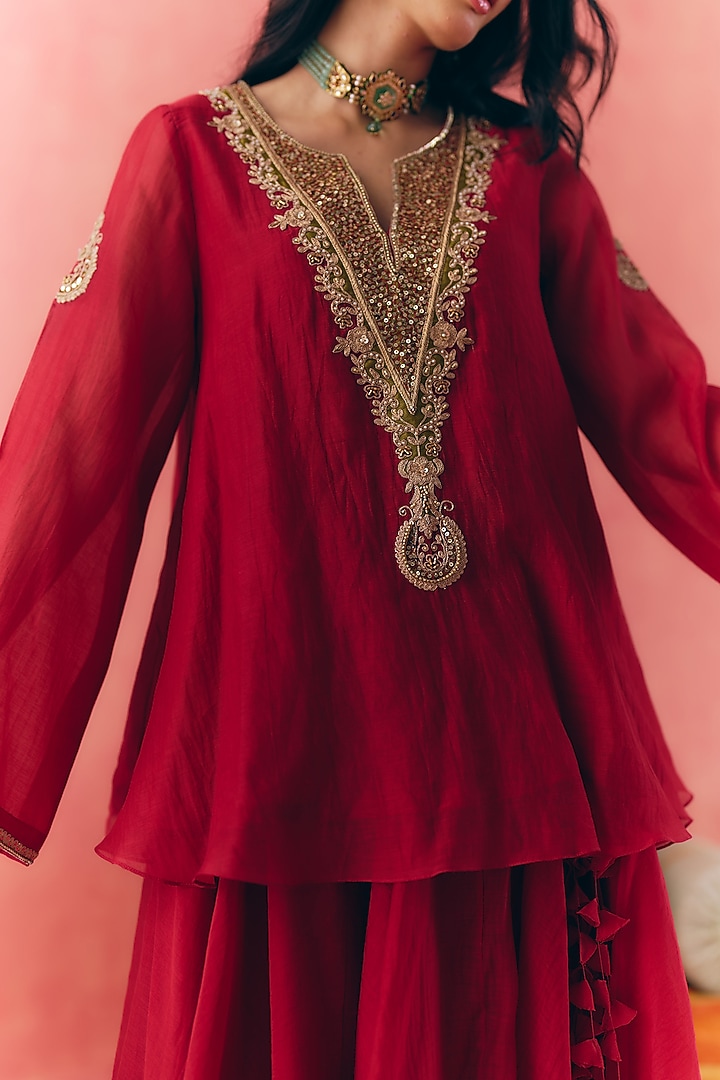 Deep Red Banarasi Silk Tissue Patchwork & Zari Embroidered Lehenga Set by MIRASA at Pernia's Pop Up Shop