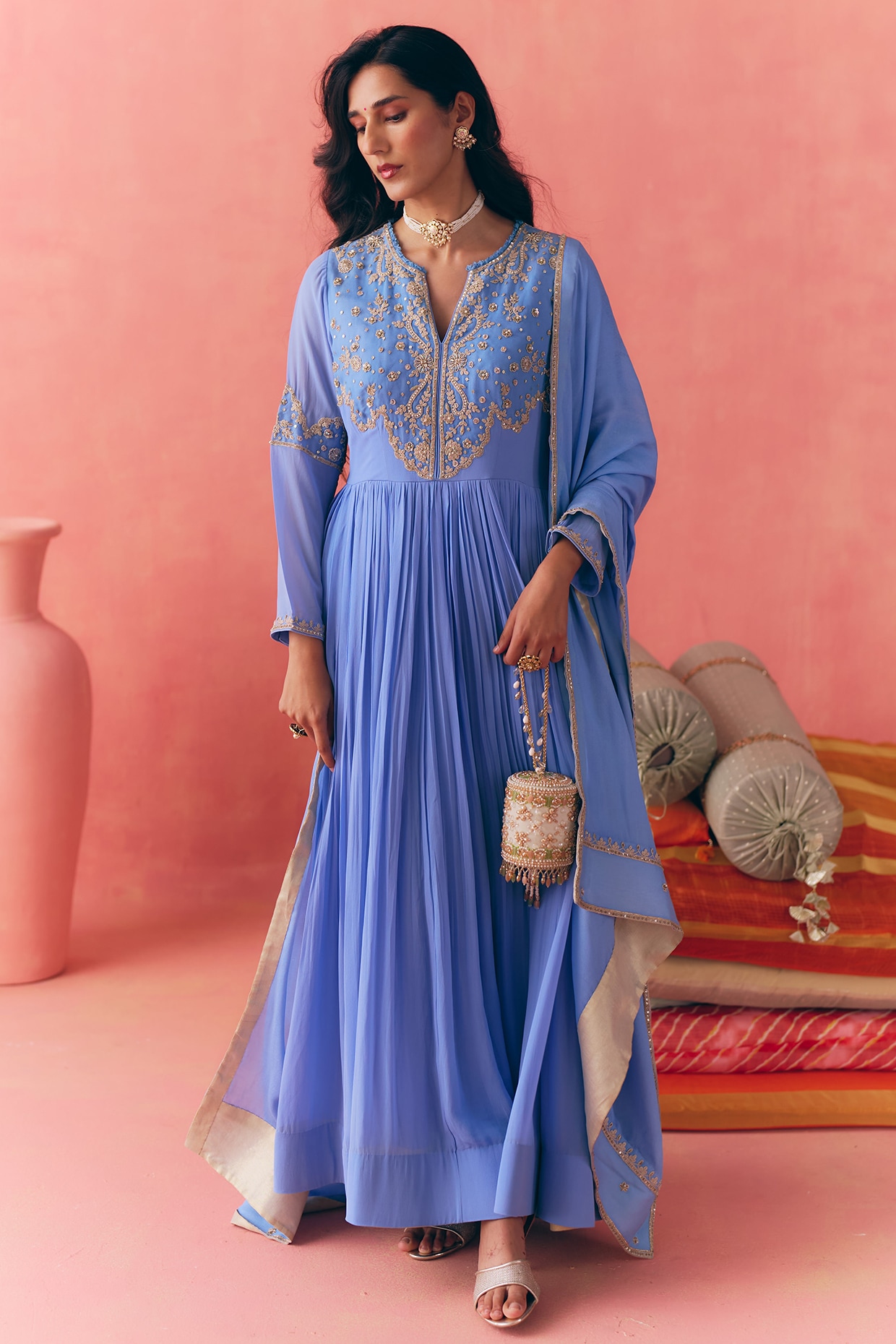 MIRASA Powder Blue Pure Georgette Dori Embroidered Anarkali Set