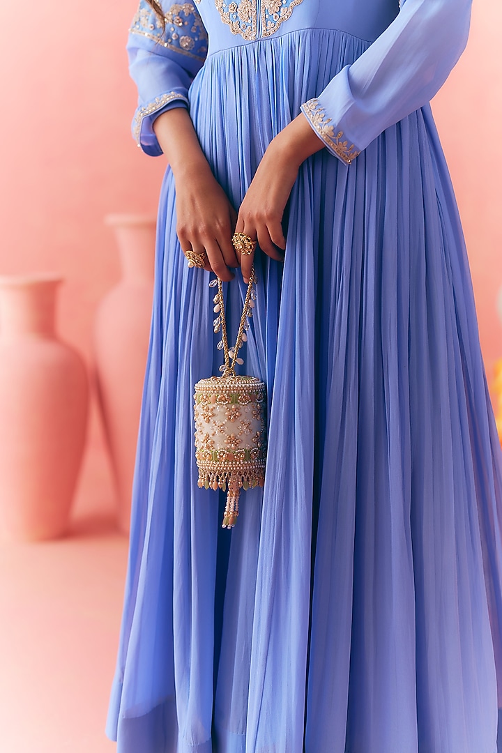 Powder Blue Pure Georgette Dori Embroidered Party Wear Anarkali Set by MIRASA at Pernia's Pop Up Shop