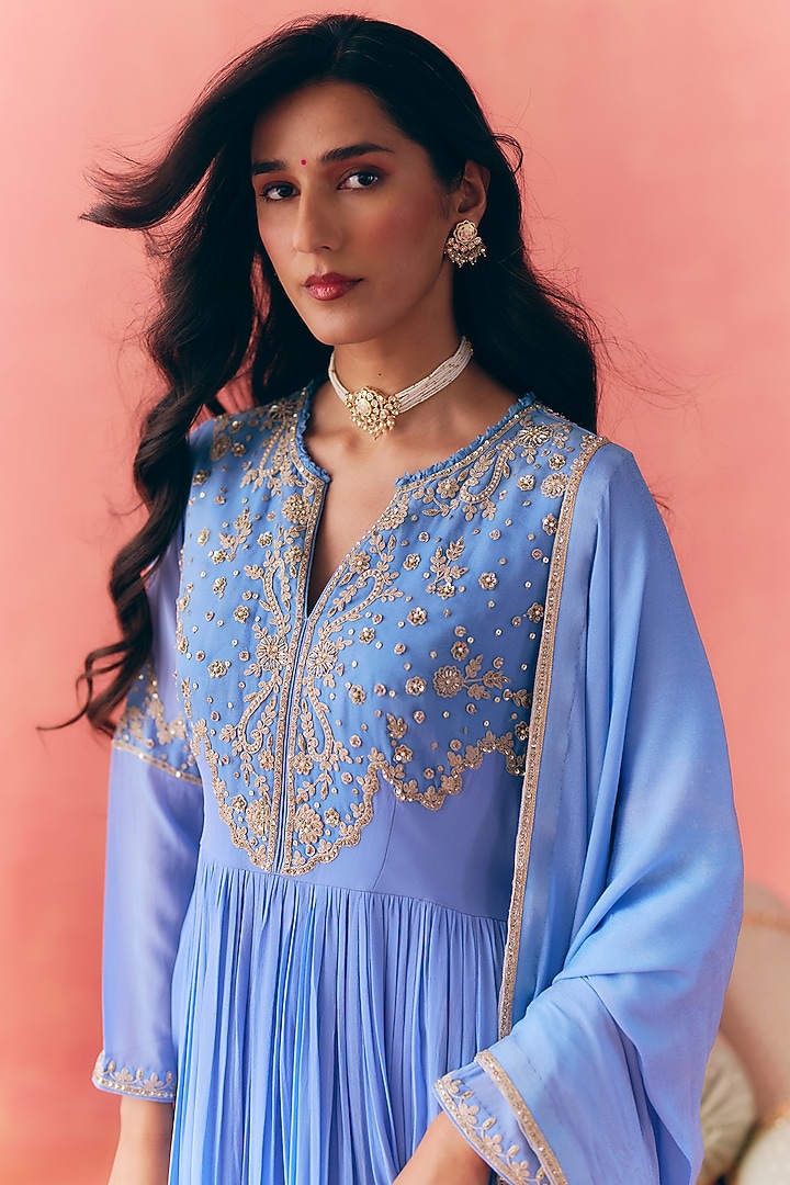 Powder Blue Pure Georgette Dori Embroidered Party Wear Anarkali Set by MIRASA at Pernia's Pop Up Shop