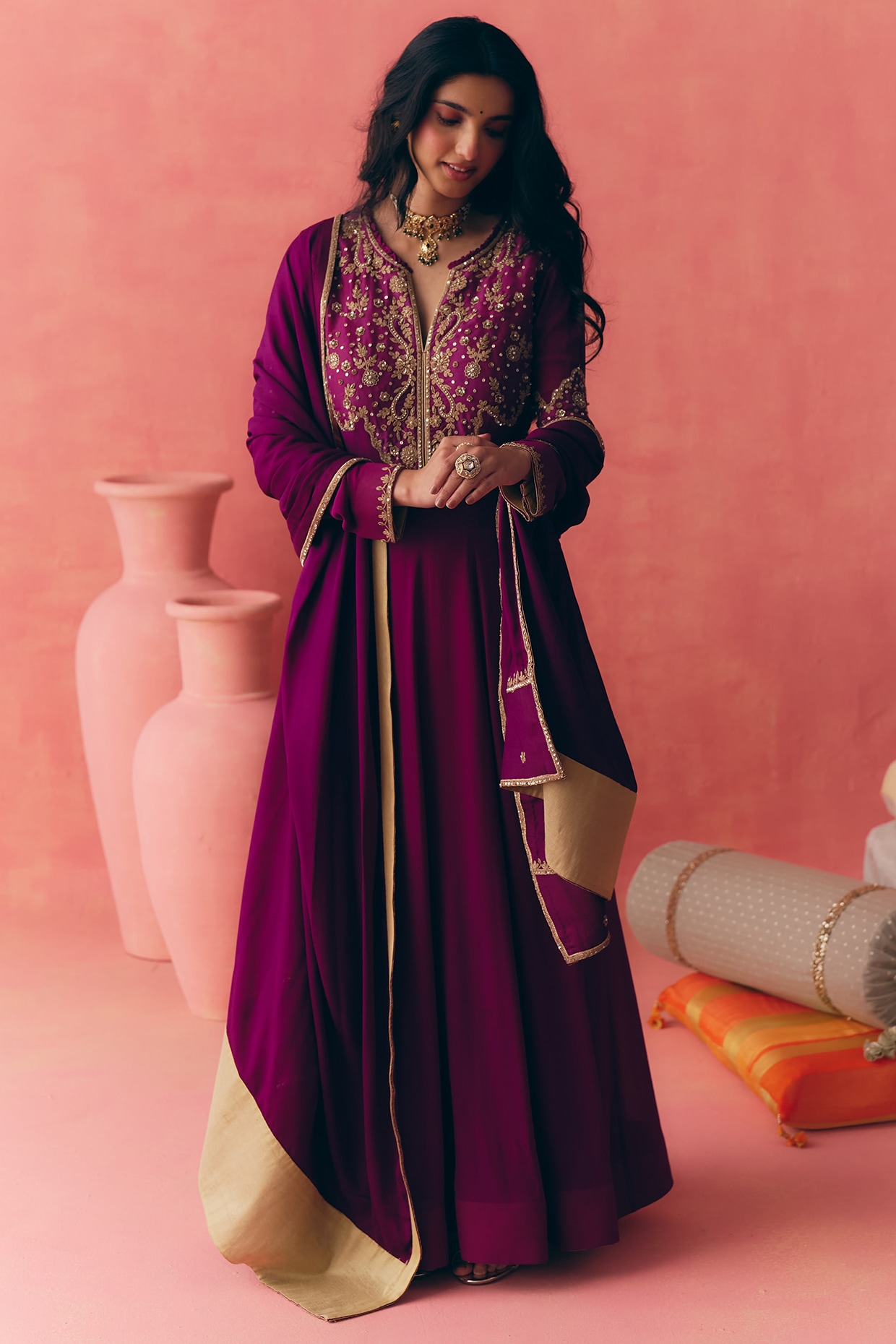 MIRASA Purple Pure Georgette Dori Embroidered Anarkali Set