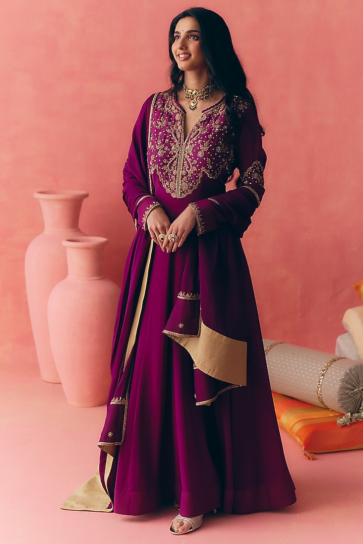 Purple Pure Georgette Dori Embroidered Party Wear Anarkali Set by MIRASA at Pernia's Pop Up Shop