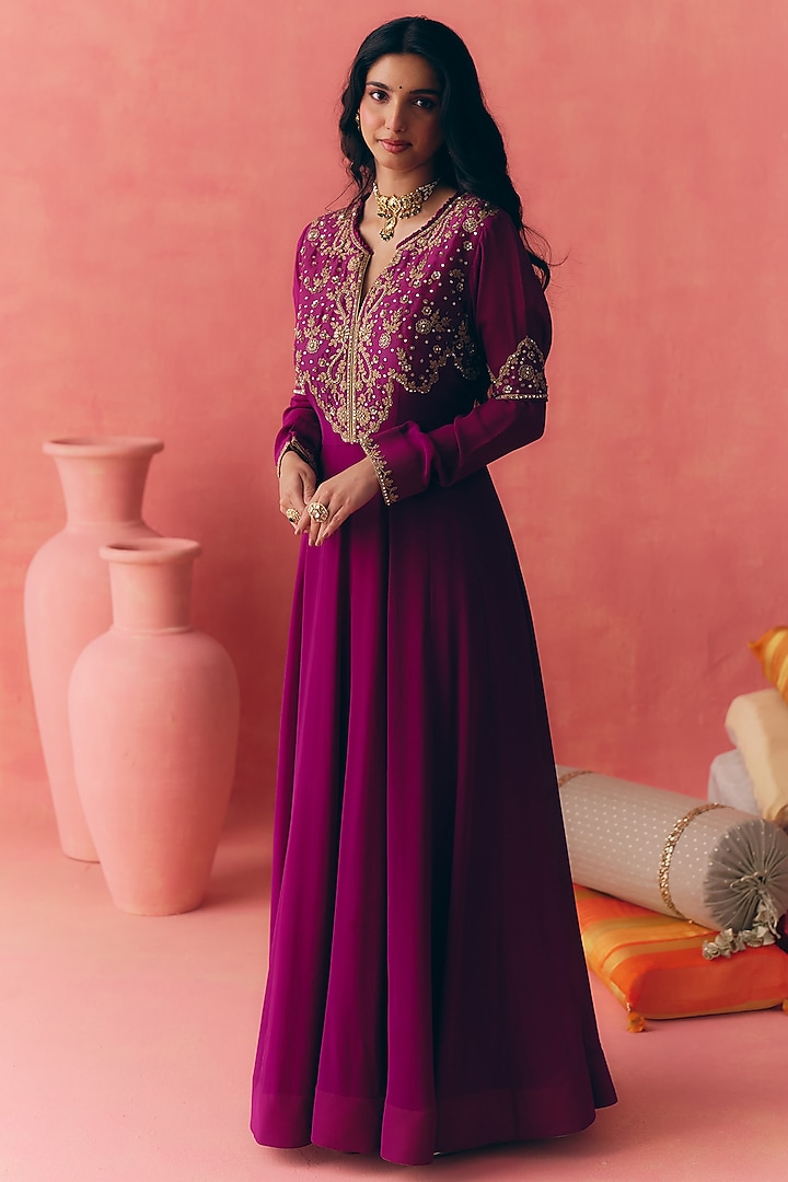 Purple Pure Georgette Dori Embroidered Party Wear Anarkali Set by MIRASA at Pernia's Pop Up Shop