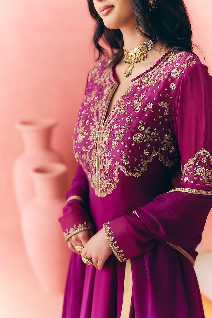 Purple Pure Georgette Dori Embroidered Party Wear Anarkali Set by MIRASA at Pernia's Pop Up Shop