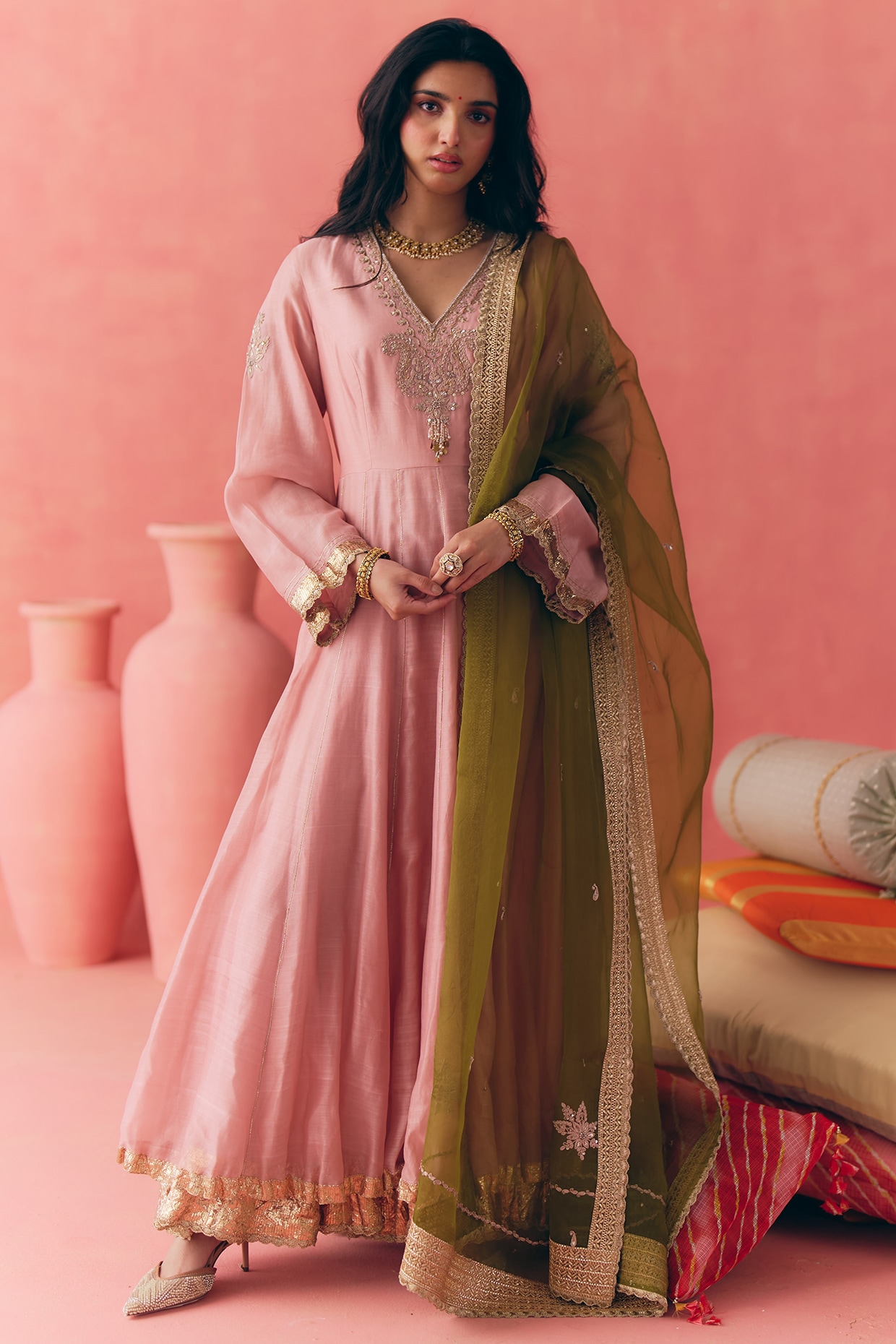 MIRASA Pink Pure Silk Chanderi Gota Embroidered Anarkali Set