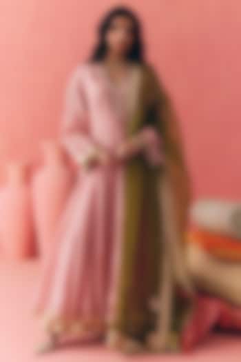 Pink Pure Silk Chanderi Gota Embroidered Party Wear Anarkali Set by MIRASA at Pernia's Pop Up Shop