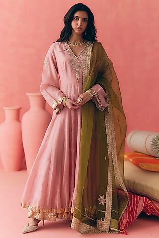 Pink Pure Silk Chanderi Gota Embroidered Anarkali Set by MIRASA