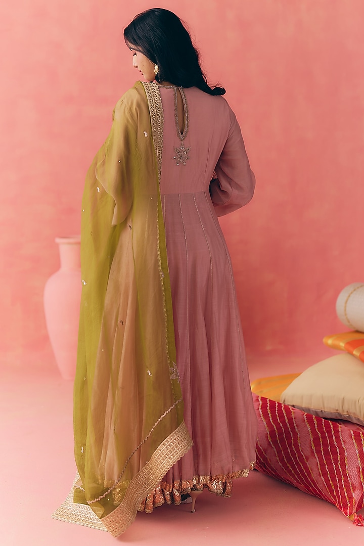 Pink Pure Silk Chanderi Gota Embroidered Party Wear Anarkali Set by MIRASA at Pernia's Pop Up Shop
