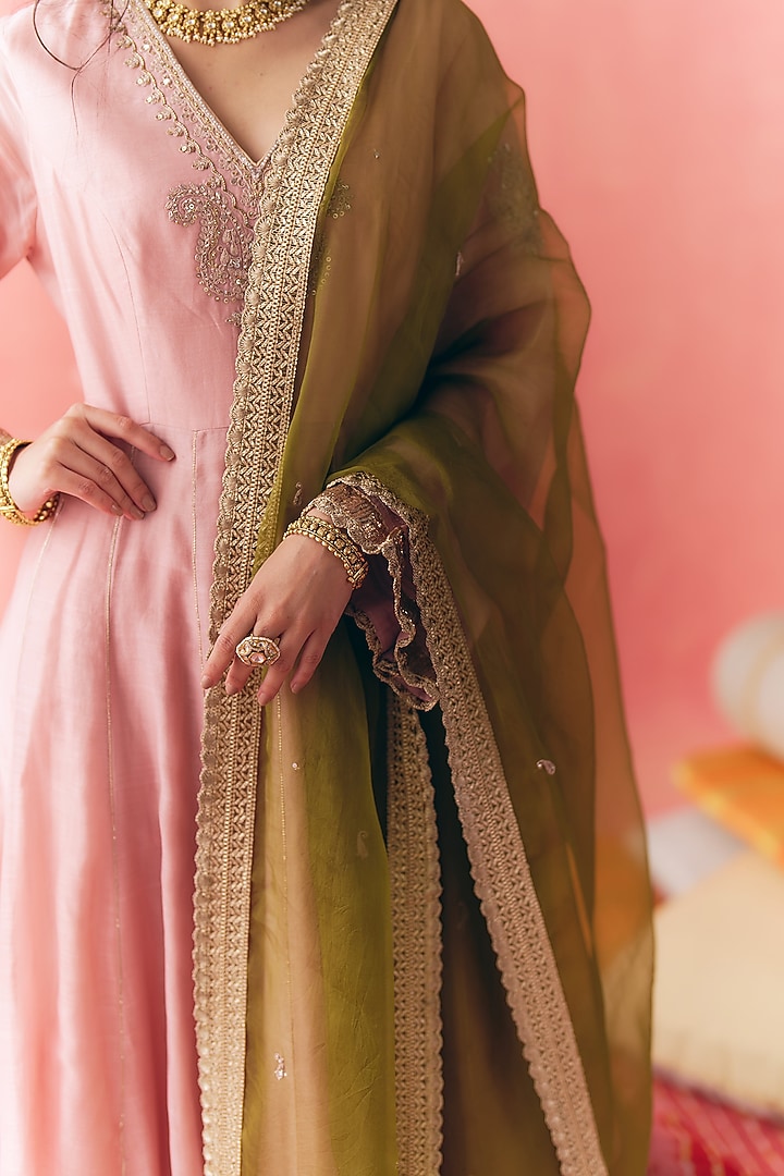 Pink Pure Silk Chanderi Gota Embroidered Party Wear Anarkali Set by MIRASA at Pernia's Pop Up Shop